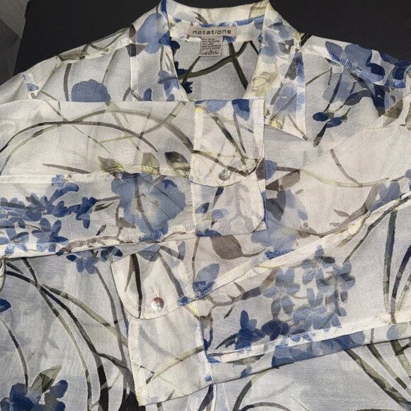 Notations Blouse Size MEDIUM Button Up Floral Linen Blend 3/4  Sleeve Sheer - Picture 9 of 11